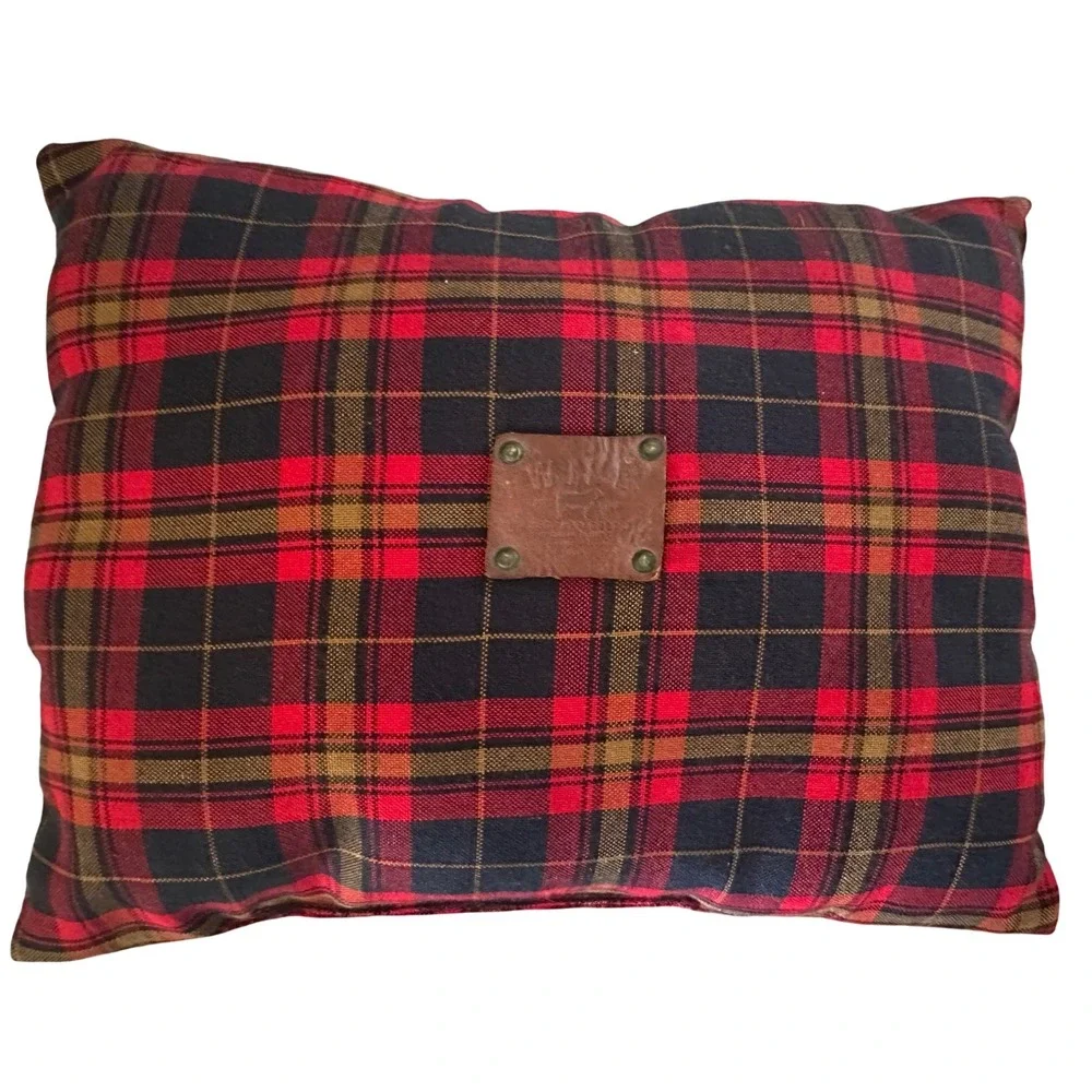 Will‎ Leather Goods Tartan Plaid Throw Pillow 15x11 Leather Patch Red Huckberry